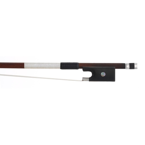 2249 - Silver mounted violin bow stamped Bazin, the stick octagonal, the ebony frog inlaid with pearl eyes ... 