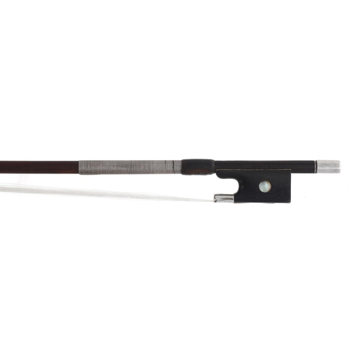 2250 - Silver mounted violin bow stamped Millo, the stick round, the ebony frog inlaid with pearl eyes and ... 