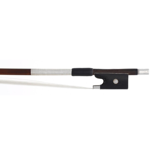 2253 - 19th century French silver mounted violin bow, unstamped, the stick round, the ebony frog inlaid wit... 