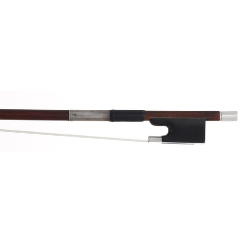 2255 - Silver mounted violin bow stamped Jas Tubbs, the stick round, the ebony frog plain and with a silver... 