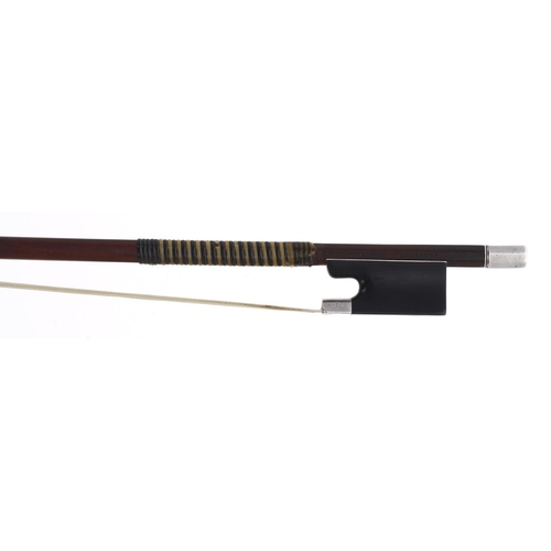 2257 - German silver mounted violin bow by and stamped Albert Nurnberger, the stick round, the ebony frog p... 