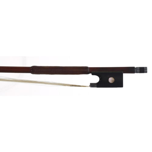 2258 - Interesting silver mounted violin bow, unstamped, the stick round, the ebony frog inlaid with large ... 