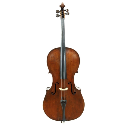 2512 - Mid 19th century Bohemian violoncello, unlabelled, the one piece back of plainish wood with similar ... 