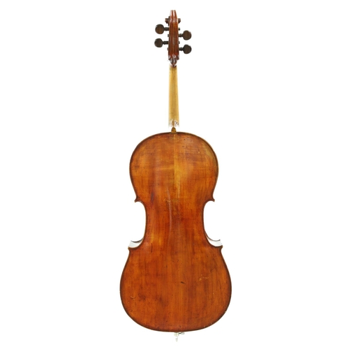 2512 - Mid 19th century Bohemian violoncello, unlabelled, the one piece back of plainish wood with similar ... 