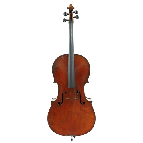 2513 - 19th century French violoncello, unlabelled, the two piece back of medium curl with similar wood to ... 