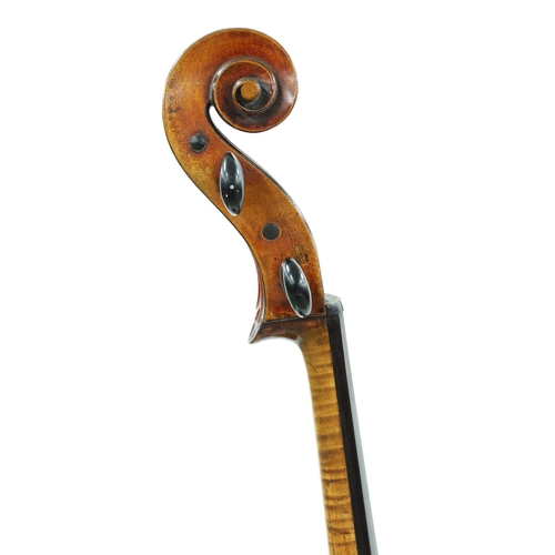 2513 - 19th century French violoncello, unlabelled, the two piece back of medium curl with similar wood to ... 