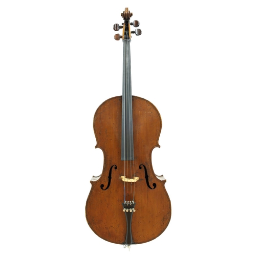 2516 - 19th century German violoncello, unlabelled, the two piece back of very faint medium curl with ... 