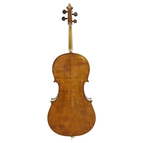 2516 - 19th century German violoncello, unlabelled, the two piece back of very faint medium curl with ... 