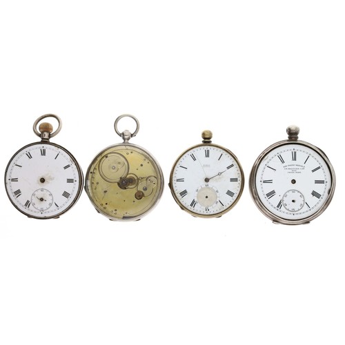 142 - Huber, Geneve gilt metal cylinder engine turned pocket watch; together with three silver cylinder en... 