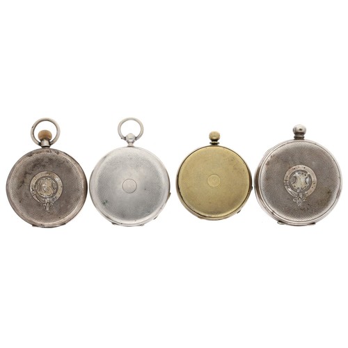 142 - Huber, Geneve gilt metal cylinder engine turned pocket watch; together with three silver cylinder en... 