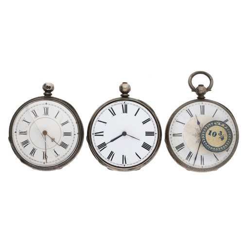 156 - White metal cylinder engine turned fob watch; together with two silver cylinder engraved fob watches... 