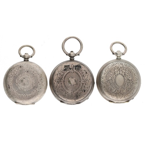 157 - Silver cylinder engraved fob watch for repair; together with two silver (0.800) cylinder engraved fo... 