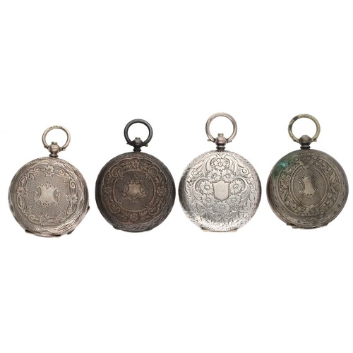 158 - Silver (0.800) cylinder engraved fob watch for repair; together with three silver cylinder engraved ... 