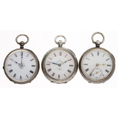 159 - Two silver lever engraved fob watches for repair; together with a silver cylinder engraved fob watch... 