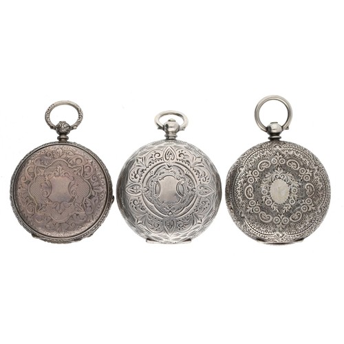 159 - Two silver lever engraved fob watches for repair; together with a silver cylinder engraved fob watch... 