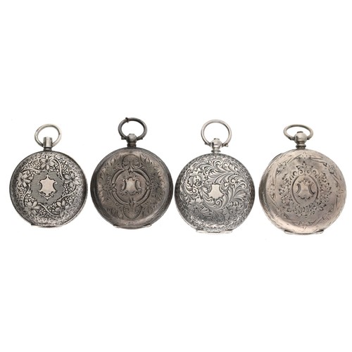 160 - Three silver cylinder engraved fob watches for repair; together with a silver lever engraved fob wat... 