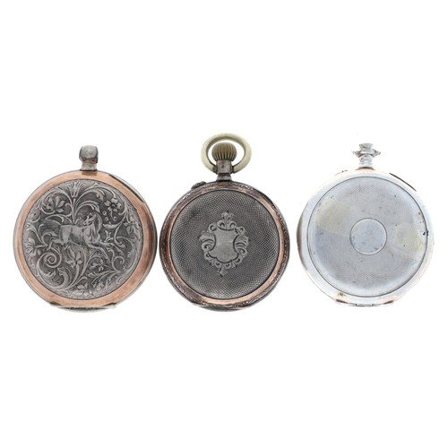 170 - Two silver (0.800) cylinder pocket watches for repair, one with engraved case depicting a horse (one... 