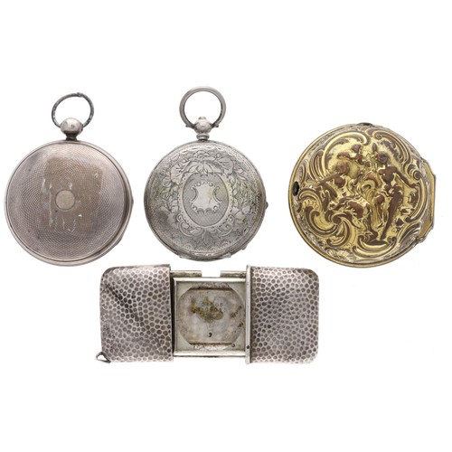 221 - Gilt metal repousee outer pocket watch pair case, 49mm (hinge requires a pin); together with a silve... 