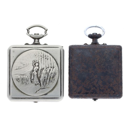 226 - Two 'Bridge Case' pocket watch cases, one embossed to the case back depicting a lady stood within a ... 