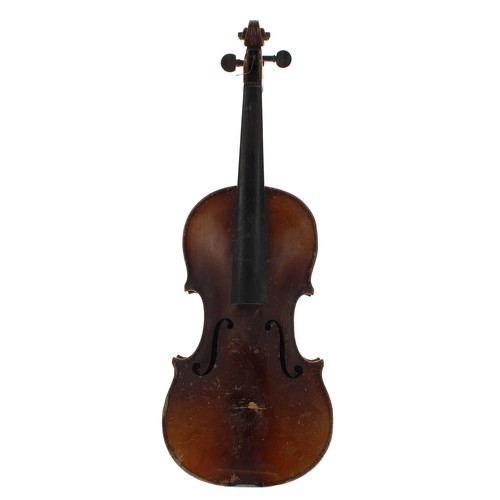 2053 - Three full size violins and four violin bows one stamped C.D...