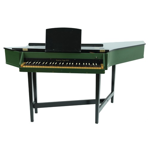 1543 - Modern Bentside spinet by and inscribed Stephen Fogg 1972 on the fascia board, within a green and bl... 