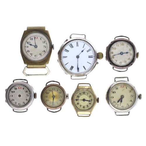 375 - Two silver wire-lug ladies wristwatches (one lacking glass and hands); together with a white metal (... 