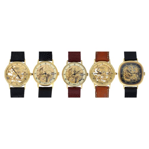 391 - Two Rotary Skeleton gold plated wristwatches; together with two Avia Skeleton gold plated and stainl... 