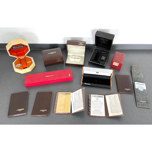 423 - Two Longines wristwatch boxes; together with six Longines booklet sleeves with booklets; two Seiko w... 