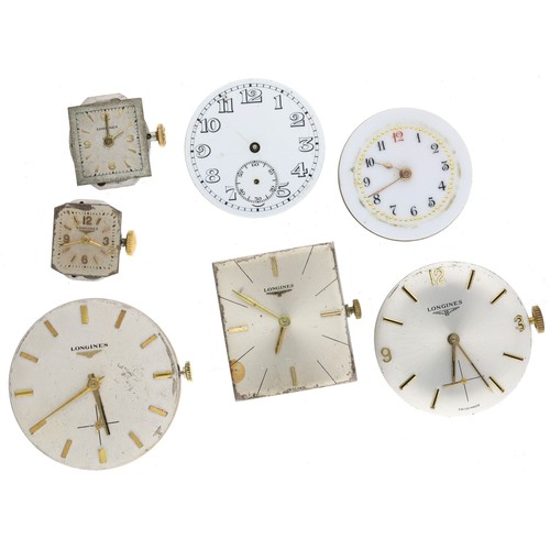 435 - Two Longines wristwatch movements, cal. 11.87 and 11.84N; together with two Longines ladies wristwat... 