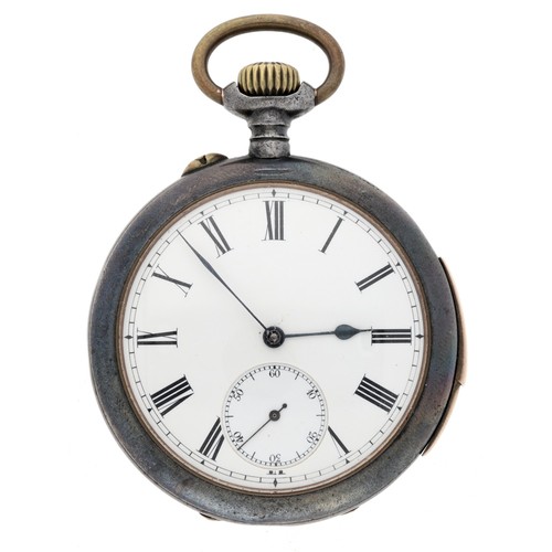 34 - Swiss gunmetal repeating lever pocket watch, gilt frosted movement with compensated balance, regulat... 