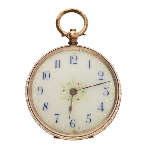 32 - 9ct cylinder engraved fob watch, gilt frosted bar movement, metal cuvette, decorated dial with Arabi... 