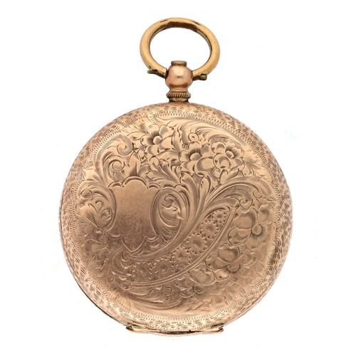 32 - 9ct cylinder engraved fob watch, gilt frosted bar movement, metal cuvette, decorated dial with Arabi... 