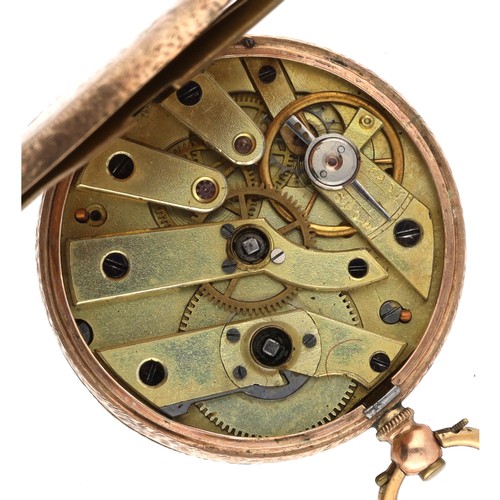 32 - 9ct cylinder engraved fob watch, gilt frosted bar movement, metal cuvette, decorated dial with Arabi... 