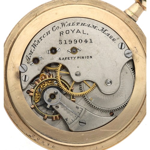 52 - American Waltham 'Royal' gold plated lever set pocket watch, serial no. 3199041, circa 1886, signed ... 