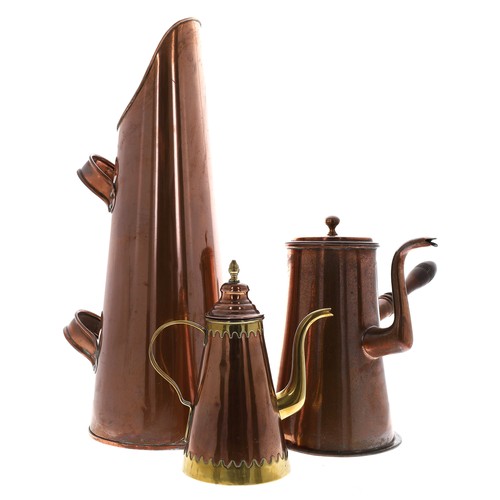 1340 - Large 19th century copper coffee pot with turned wooden side handle, 13” high; together with a coppe... 