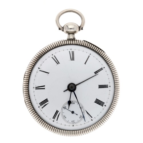 2 - 19th century French white metal cylinder  alarm pocket watch, unsigned movement with two mainspring ... 