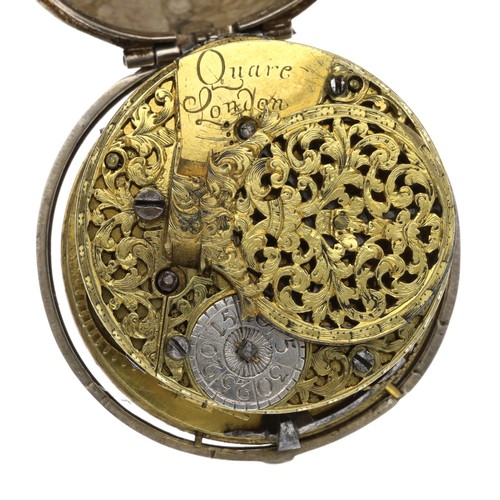 31 - Quare, London - English early 18th century silver pair cased verge pocket watch, the fusee movement ... 