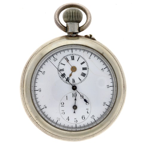 80 - Le Tattersall Chronographe centre seconds nickel cased cylinder pocket watch, signed frosted movemen... 