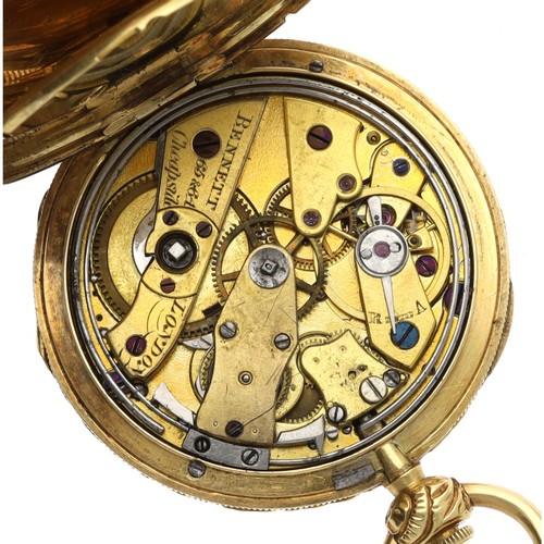 98 - Bennett, London - Attractive 18ct plunge repeating cylinder fob watch, the gilt frosted movement sig... 