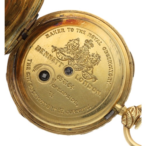 98 - Bennett, London - Attractive 18ct plunge repeating cylinder fob watch, the gilt frosted movement sig... 