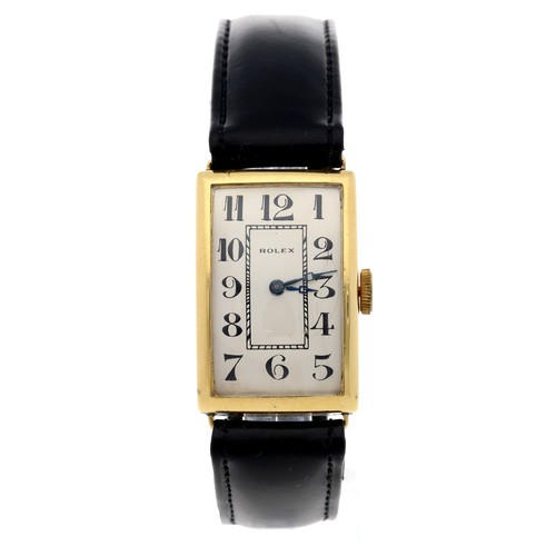 283 - Rolex 1930s 18ct rectangular wire-lug gentleman's wristwatch, case no. 81318, rectangular silvered d... 