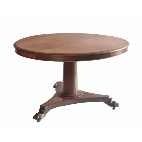 1820 - Victorian circular mahogany centre table, the moulded tilt-top upon a cylindrical plain column and t... 