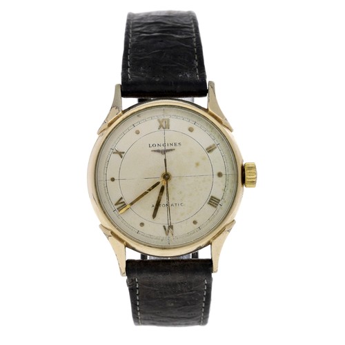 312 - Longines automatic 10k gold filled gentleman's wristwatch, circular silvered dial with applied gilt ... 