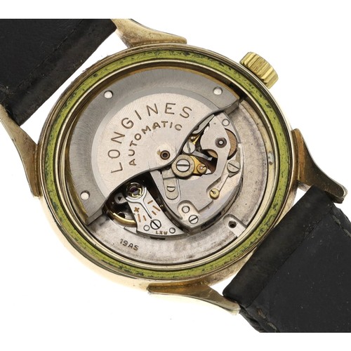 312 - Longines automatic 10k gold filled gentleman's wristwatch, circular silvered dial with applied gilt ... 