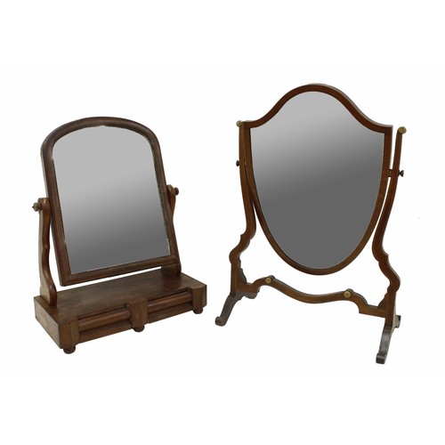 1652 - Late 19th century mahogany inlaid shield shaped dressing mirror with cheval type supports, 21