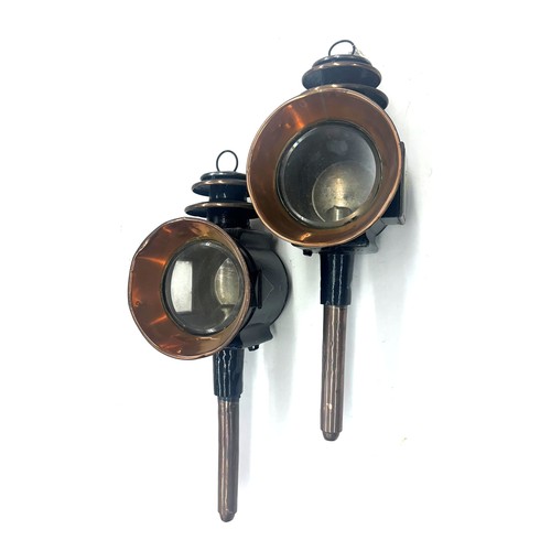 1284 - Pair of 19th century coaching lamps, black japanned and copper with glazed plates, 20