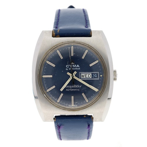 326 - Cyma by Synchron Conquistador automatic stainless steel gentleman's wristwatch, circular blue dial, ... 