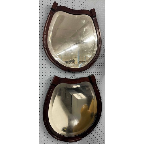 1604 - Matched pair of mahogany framed horseshoe design wall mirrors, with bevelled glass plates and brass ... 