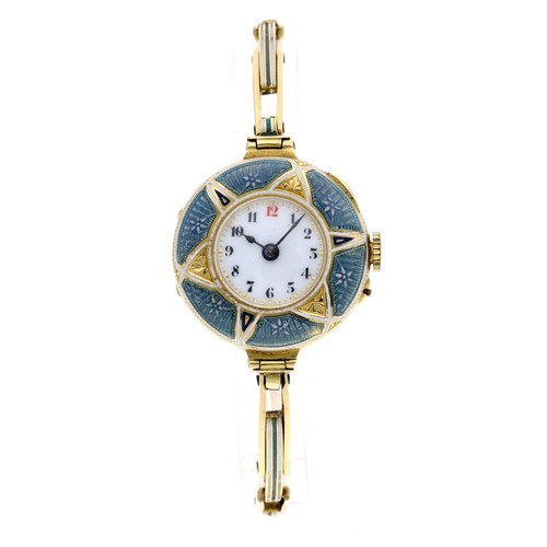 342 - Attractive 18ct and enamel lady's wristwatch, import hallmarks London 1912, circular enamel dial wit... 