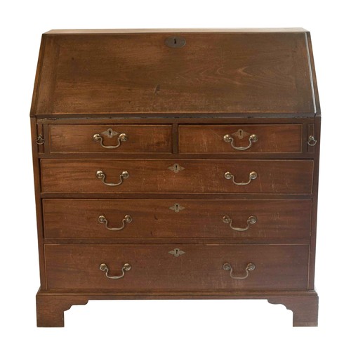 1738 - Georgian mahogany bureau, the fall front enclosing a fitted interior over pull-out slides, two short... 